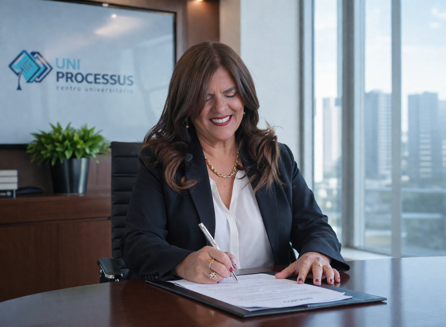 Advogada assinando contrato em escritório